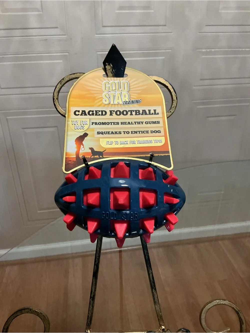 Gold Starn Caged Football Squeak Dog Toy Blue & Yellow NEW!!!